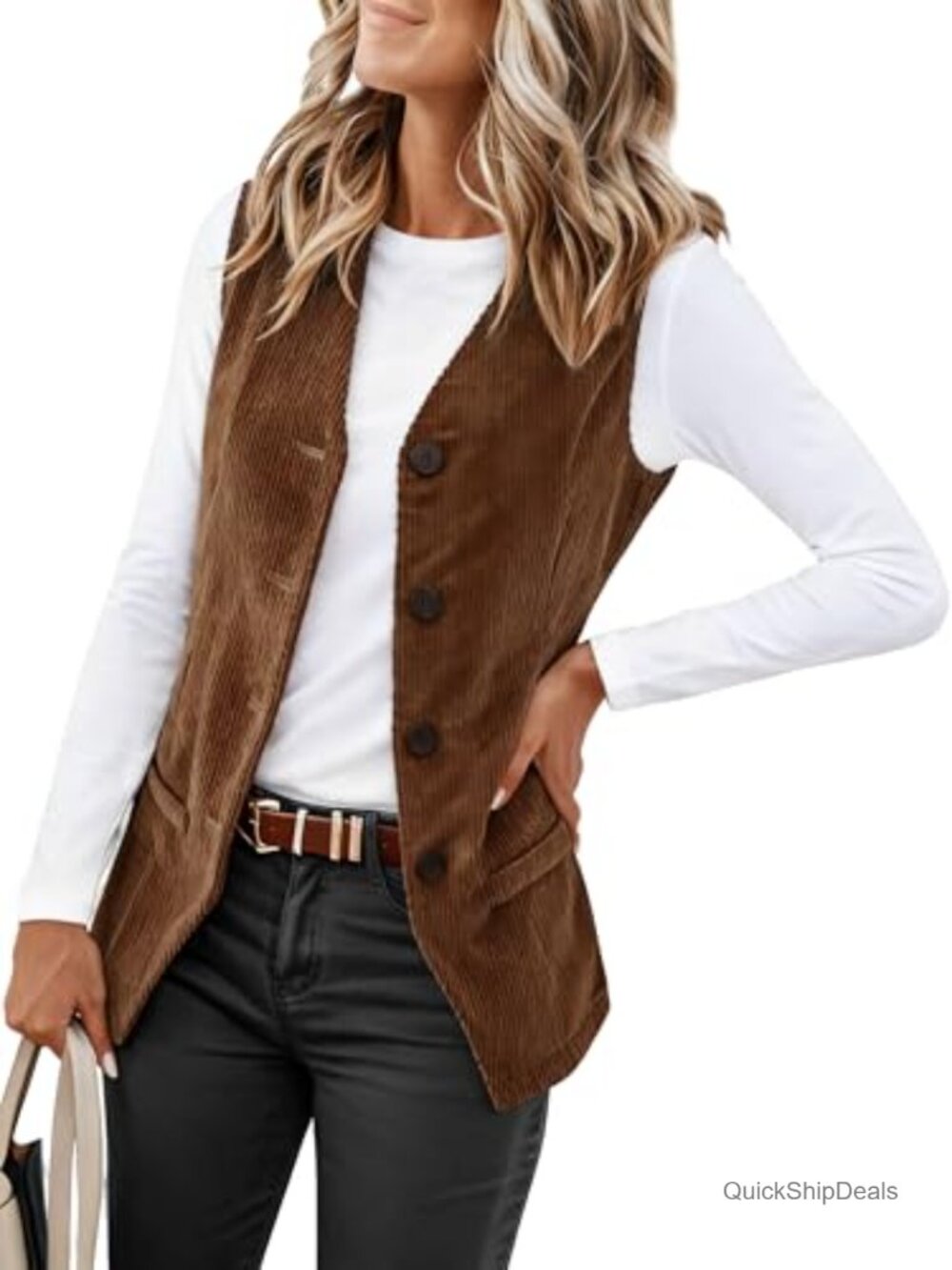 Womens Corduroy Vest Sleeveless Blazer Business Casual V Neck